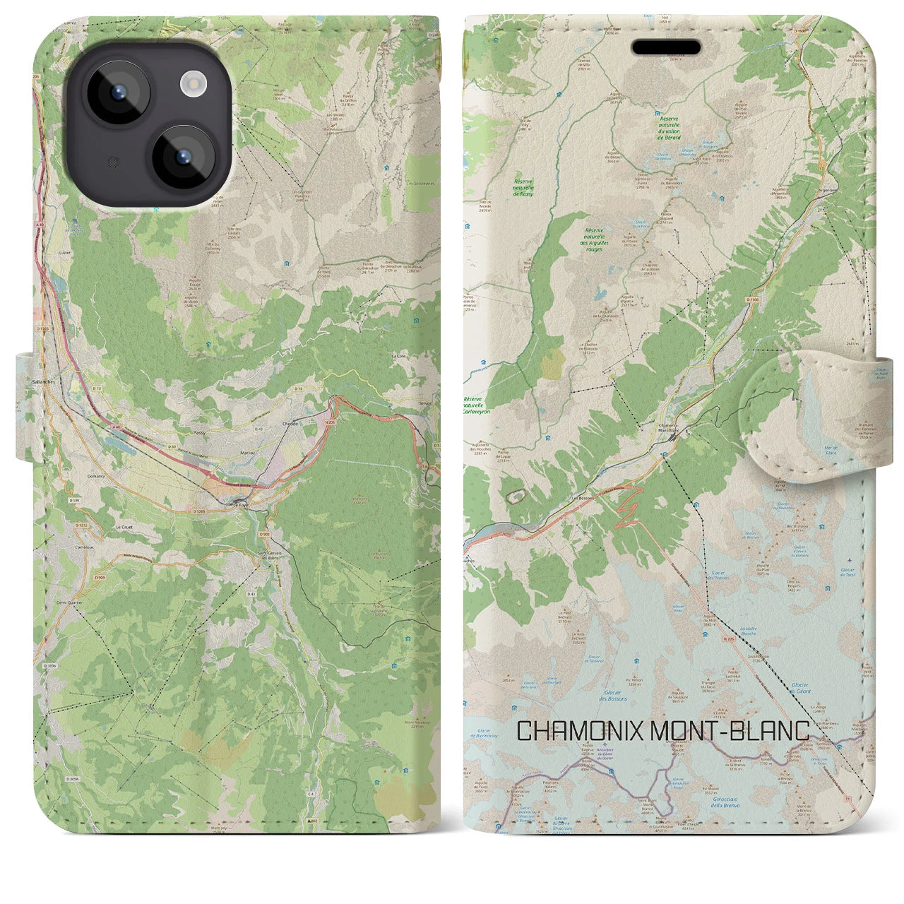 【シャモニー(フランス)】地図柄iPhoneケース(手帳タイプ)ナチュラル・iPhone 14 Plus 用