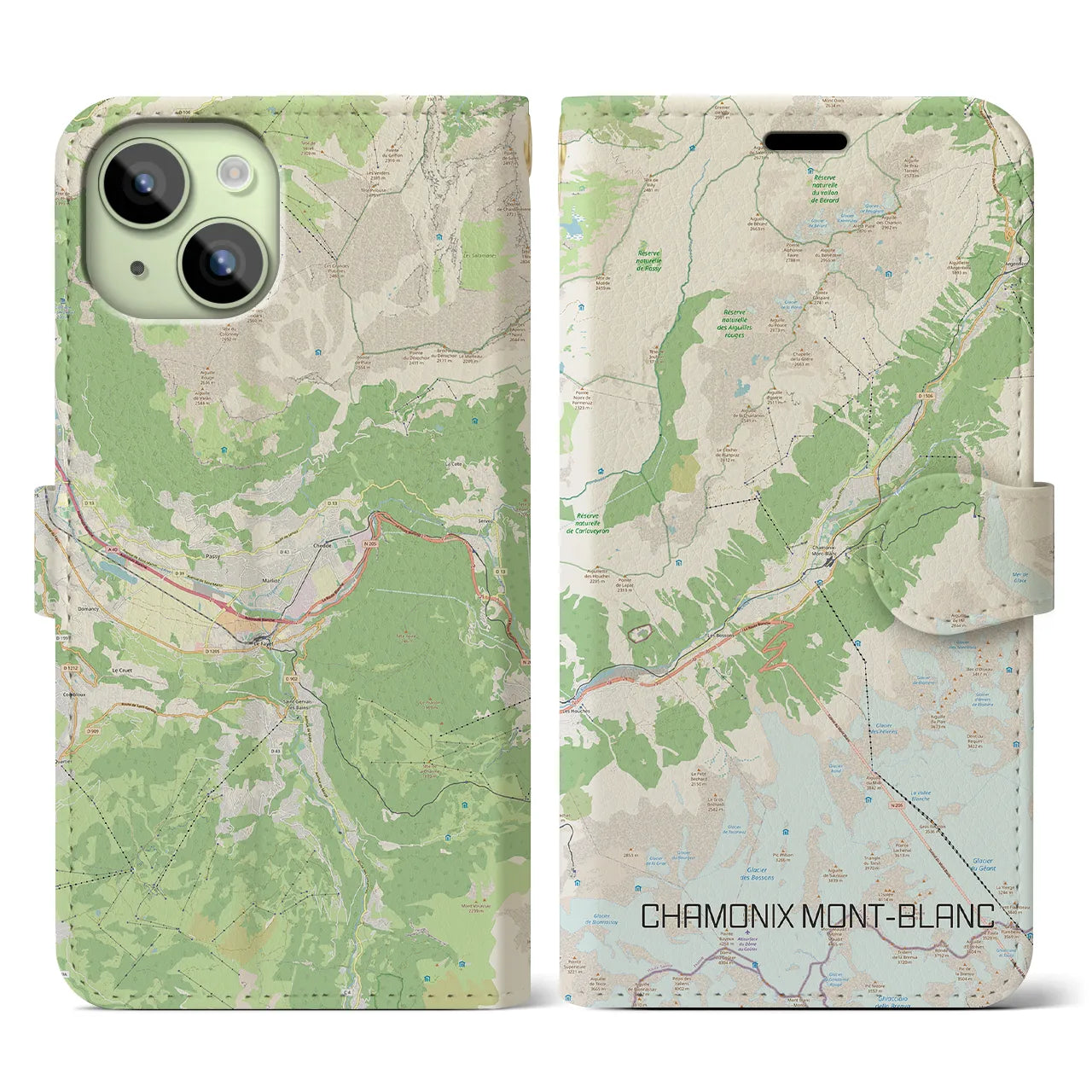 【シャモニー(フランス)】地図柄iPhoneケース(手帳タイプ)ナチュラル・iPhone 15 用