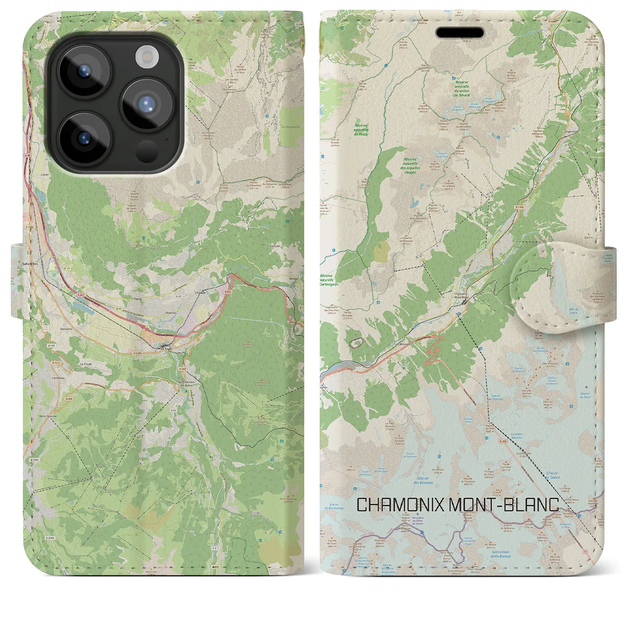 【シャモニー(フランス)】地図柄iPhoneケース(手帳タイプ)ナチュラル・iPhone 15 Pro Max 用