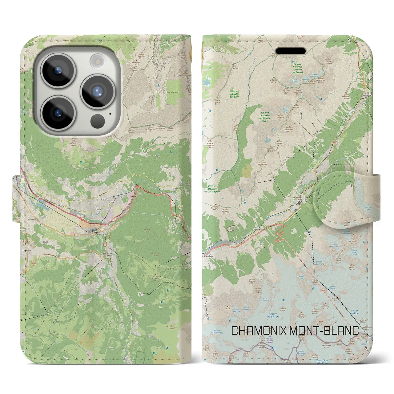 【シャモニー(フランス)】地図柄iPhoneケース(手帳タイプ)ナチュラル・iPhone 15 Pro 用