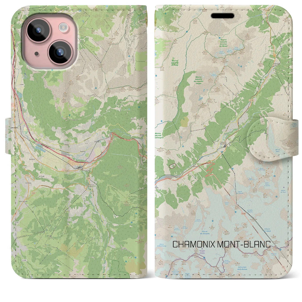 【シャモニー(フランス)】地図柄iPhoneケース(手帳タイプ)ナチュラル・iPhone 15 Plus 用