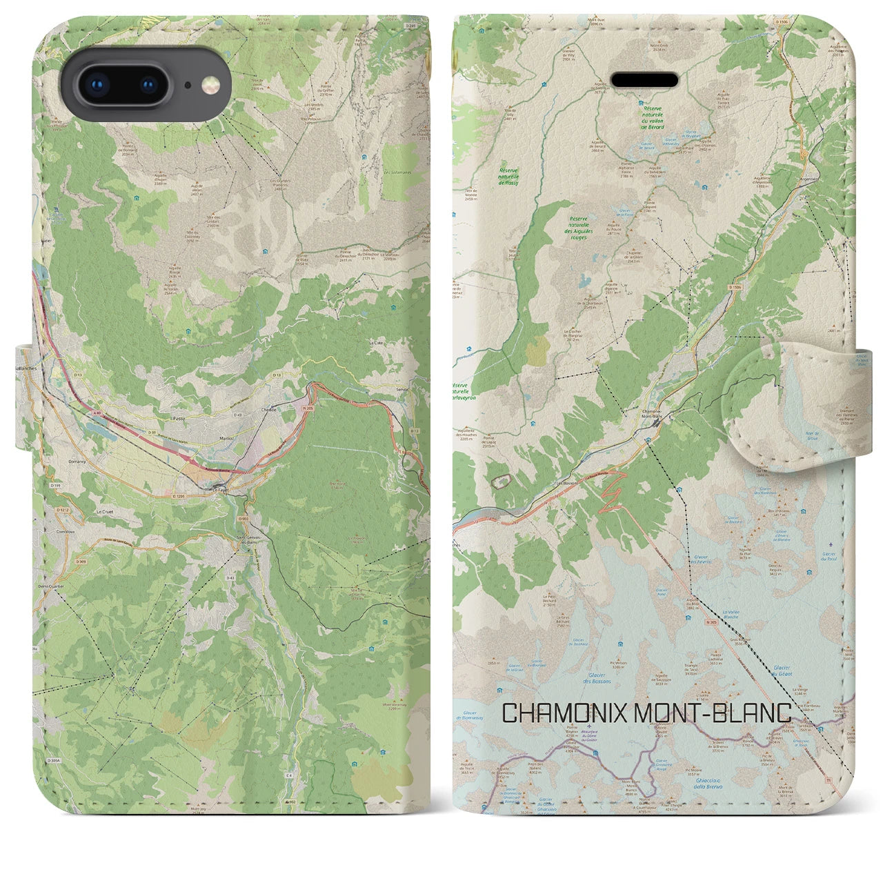 【シャモニー(フランス)】地図柄iPhoneケース(手帳タイプ)ナチュラル・iPhone 8Plus /7Plus / 6sPlus / 6Plus 用