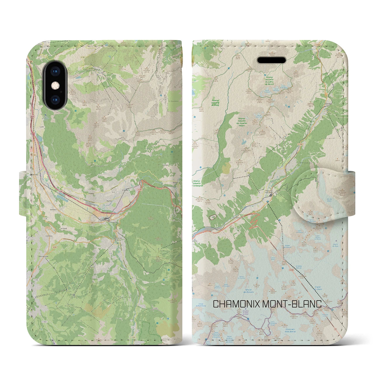 【シャモニー(フランス)】地図柄iPhoneケース(手帳タイプ)ナチュラル・iPhone XS / X 用