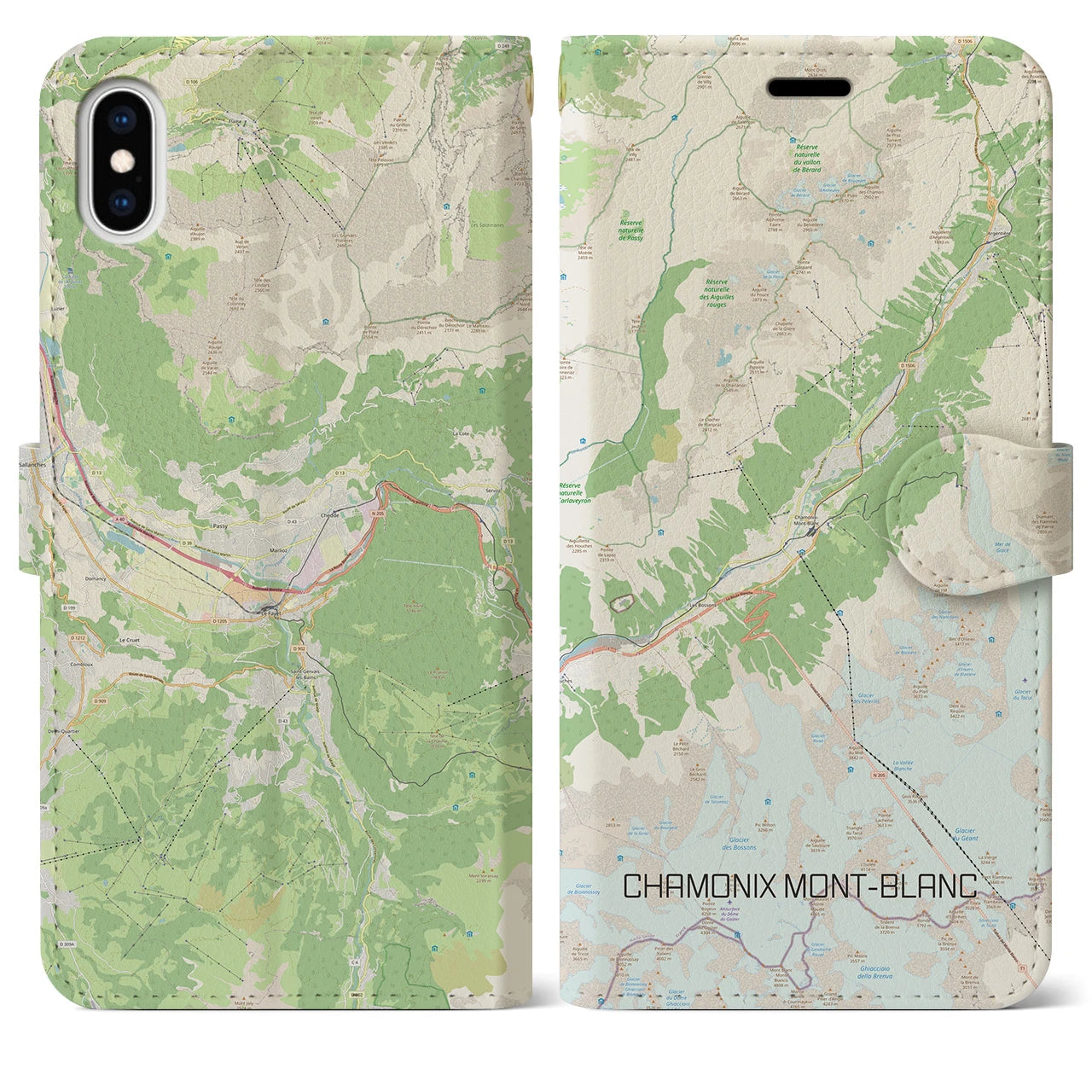 【シャモニー(フランス)】地図柄iPhoneケース(手帳タイプ)ナチュラル・iPhone XS Max 用