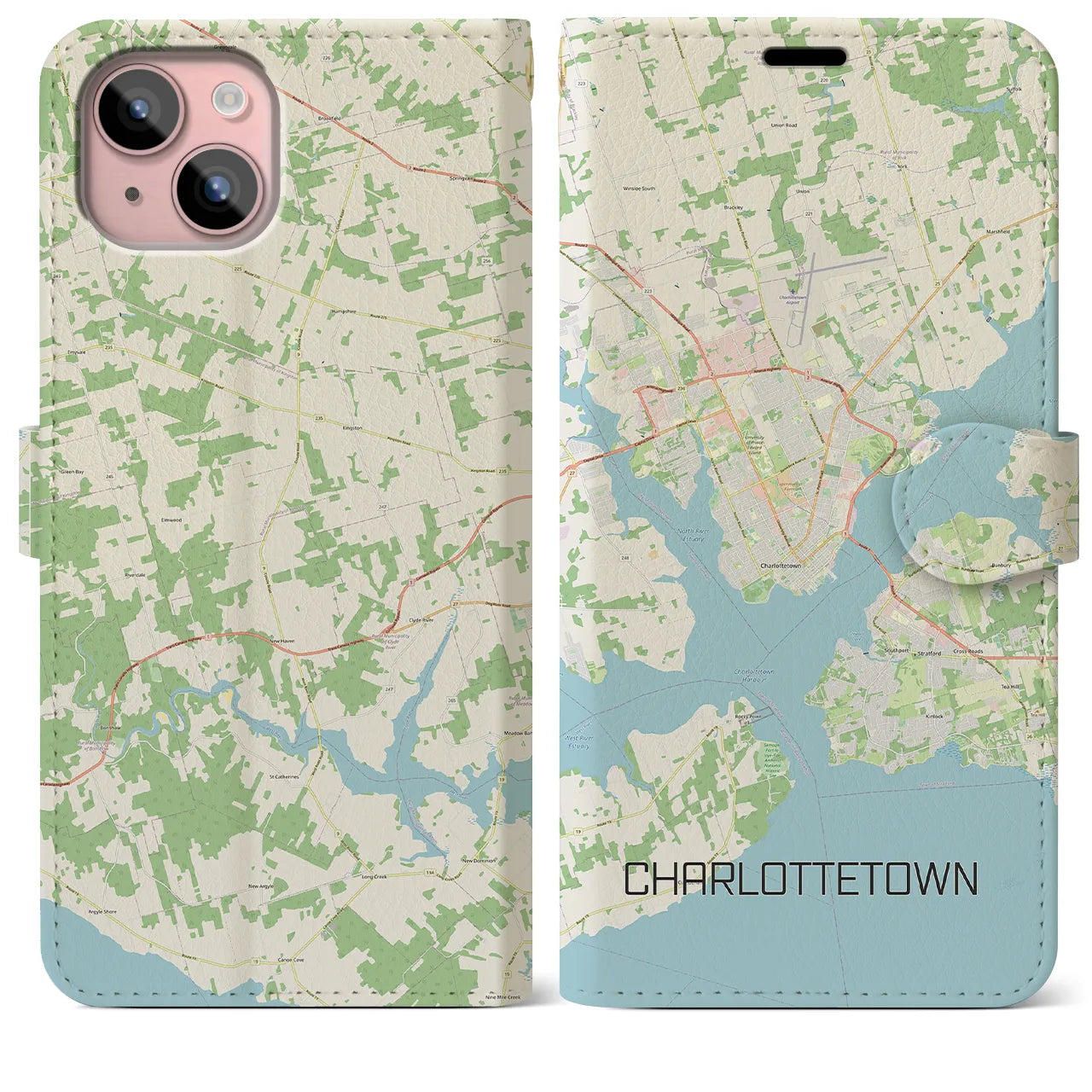 【シャーロットタウン(カナダ)】地図柄iPhoneケース(手帳タイプ)ナチュラル・iPhone 15 Plus 用