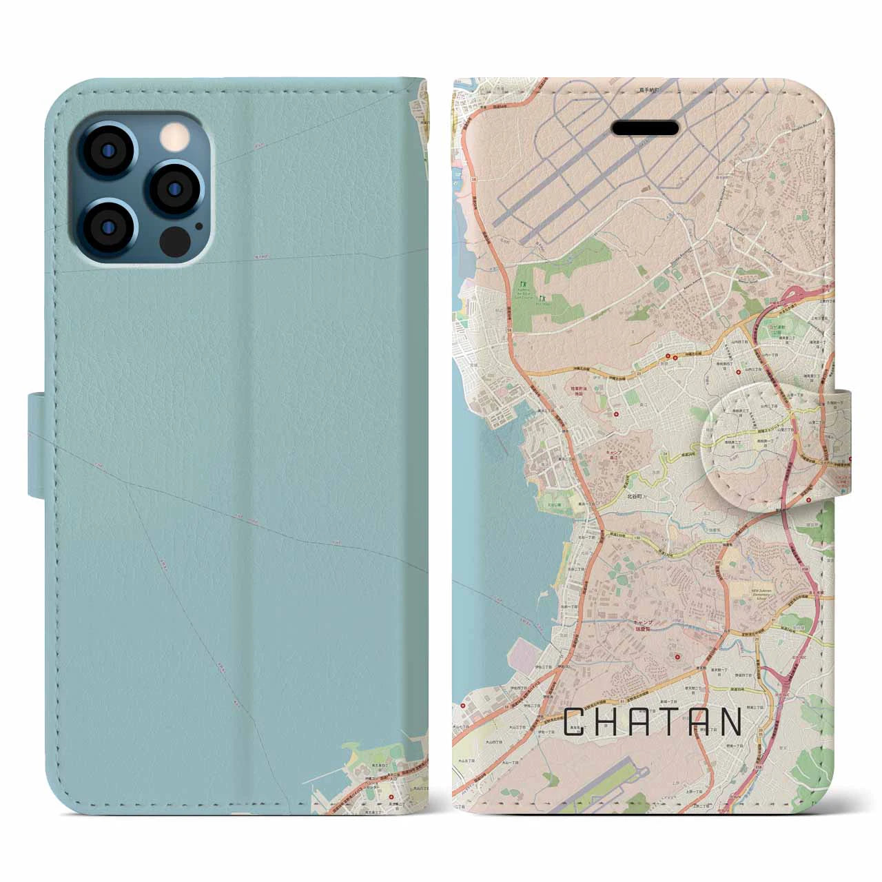 【北谷(沖縄県)】地図柄iPhoneケース(手帳タイプ)ナチュラル・iPhone 12 / 12 Pro 用