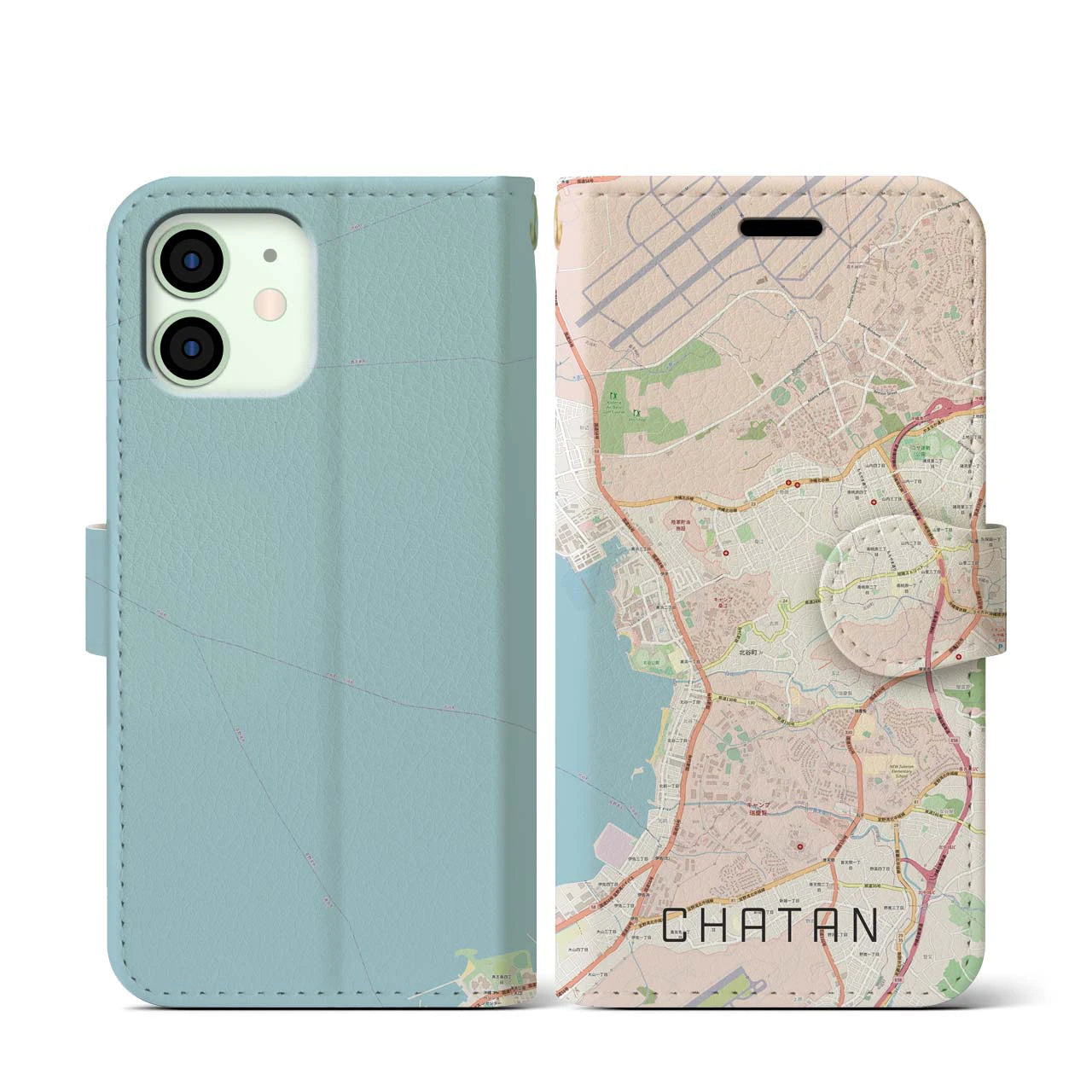 【北谷(沖縄県)】地図柄iPhoneケース(手帳タイプ)ナチュラル・iPhone 12 mini 用
