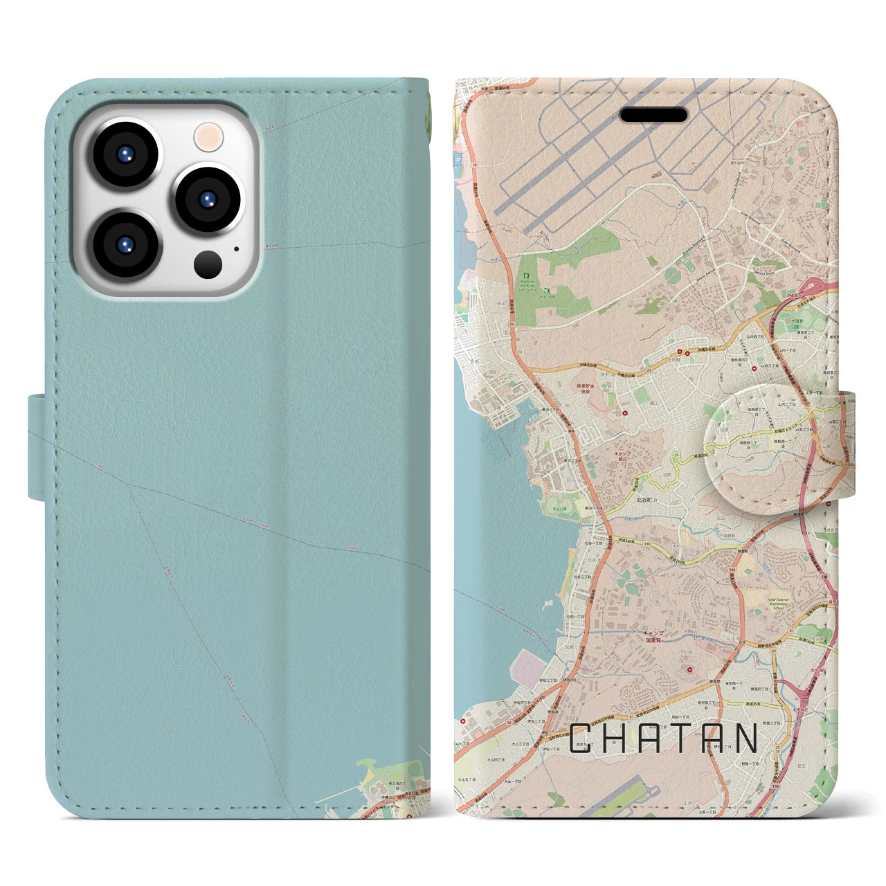 【北谷(沖縄県)】地図柄iPhoneケース(手帳タイプ)ナチュラル・iPhone 13 Pro 用