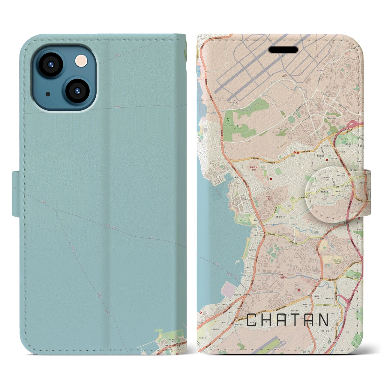 【北谷(沖縄県)】地図柄iPhoneケース(手帳タイプ)ナチュラル・iPhone 13 用