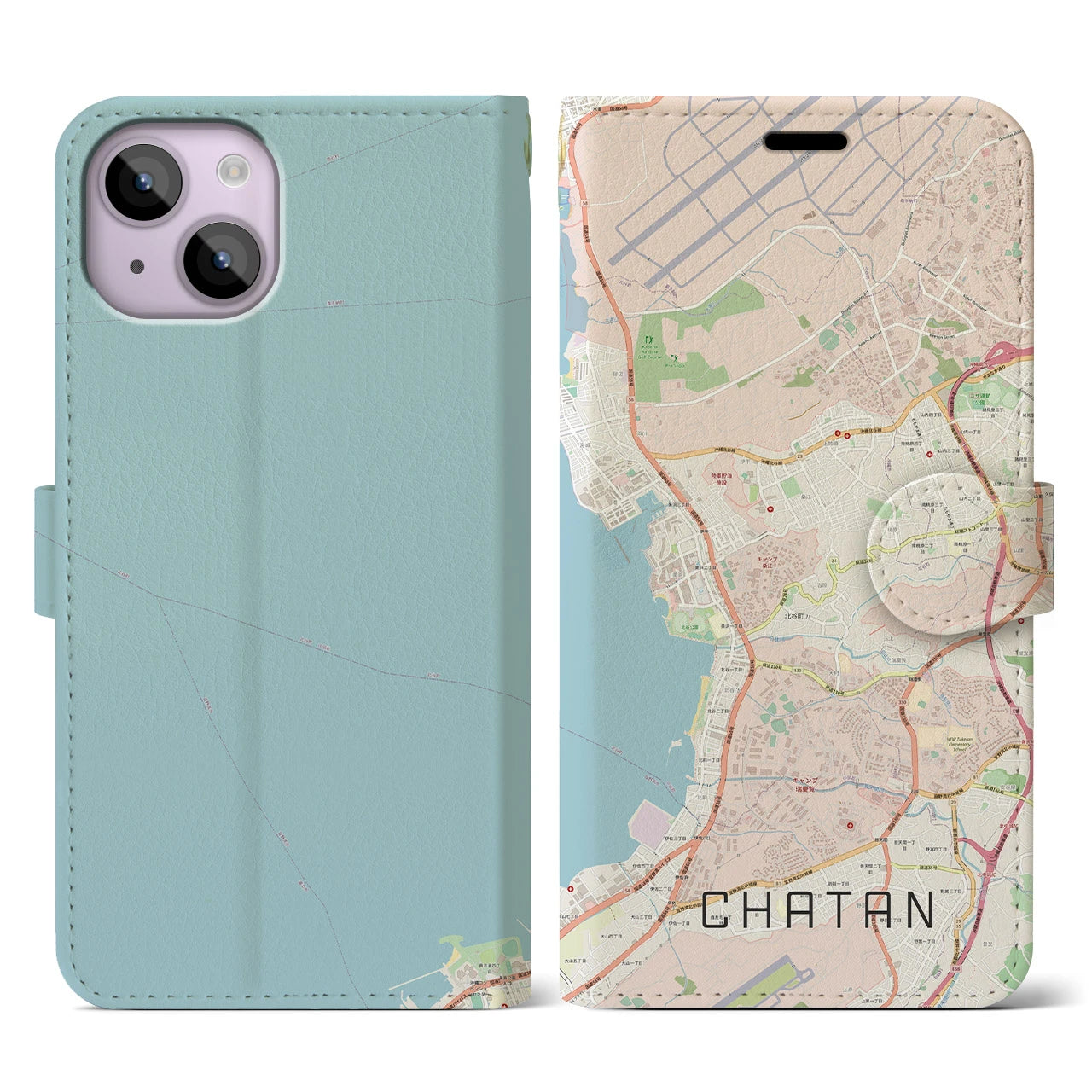 【北谷(沖縄県)】地図柄iPhoneケース(手帳タイプ)ナチュラル・iPhone 14 用
