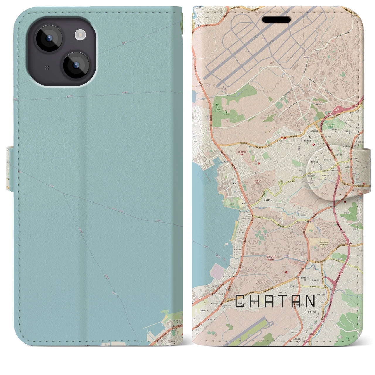 【北谷(沖縄県)】地図柄iPhoneケース(手帳タイプ)ナチュラル・iPhone 14 Plus 用