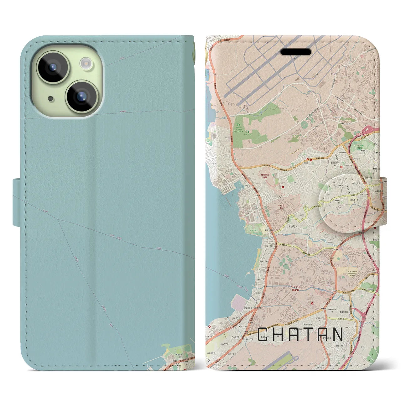 【北谷(沖縄県)】地図柄iPhoneケース(手帳タイプ)ナチュラル・iPhone 15 用