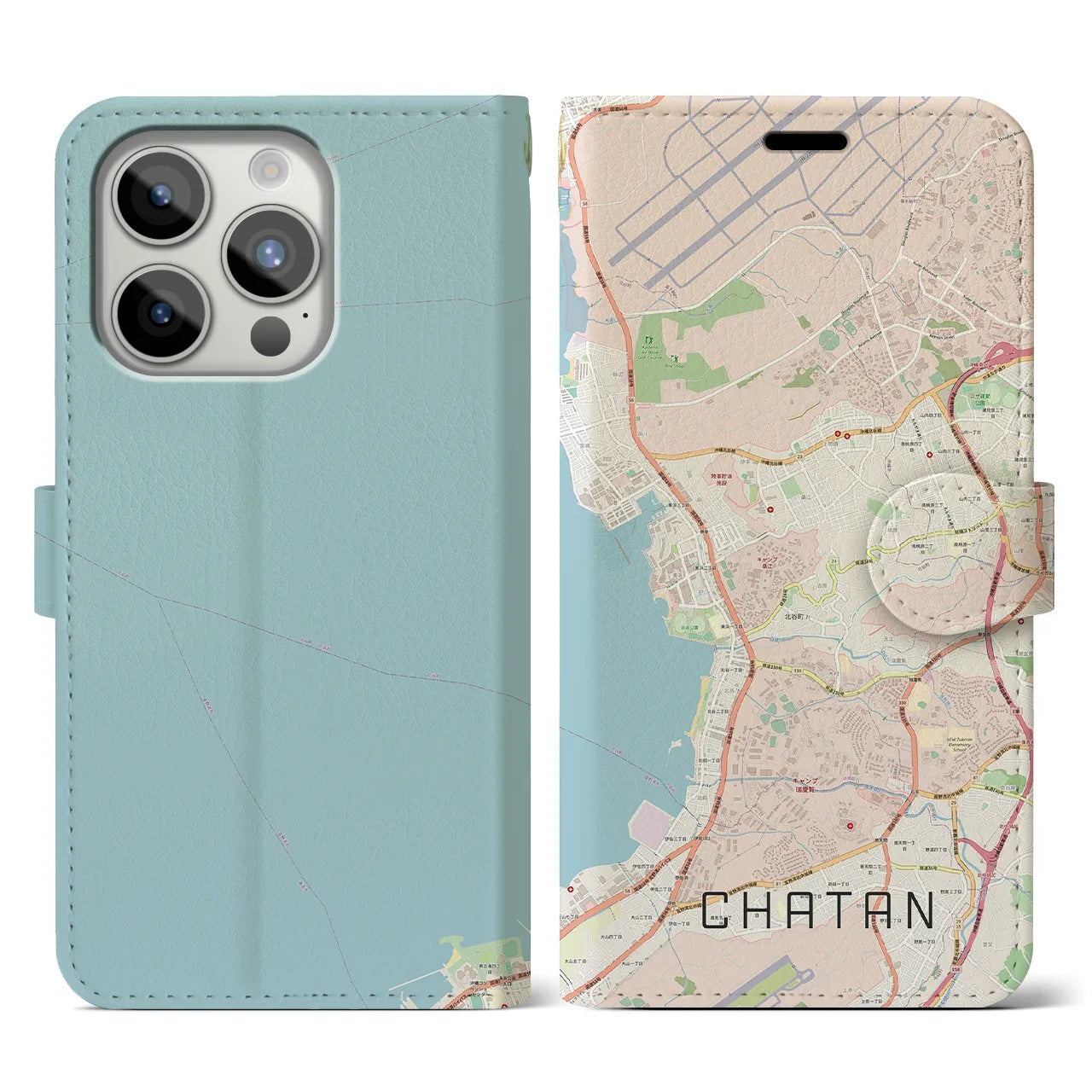 【北谷(沖縄県)】地図柄iPhoneケース(手帳タイプ)ナチュラル・iPhone 15 Pro 用