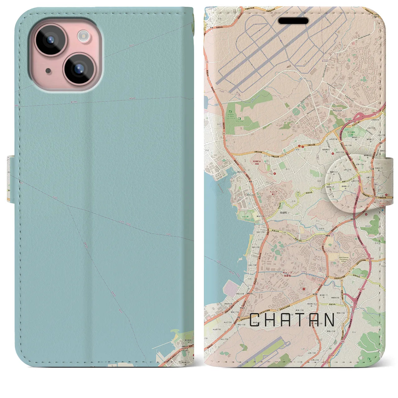 【北谷(沖縄県)】地図柄iPhoneケース(手帳タイプ)ナチュラル・iPhone 15 Plus 用