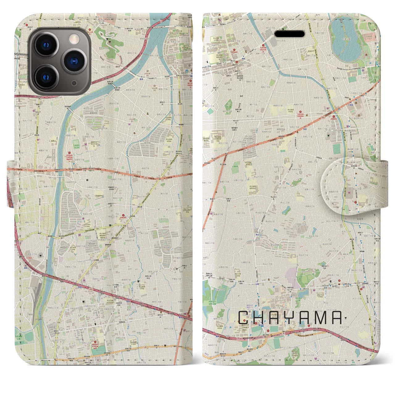 【茶山(福岡県)】地図柄iPhoneケース(手帳タイプ)ナチュラル・iPhone 11 Pro Max 用