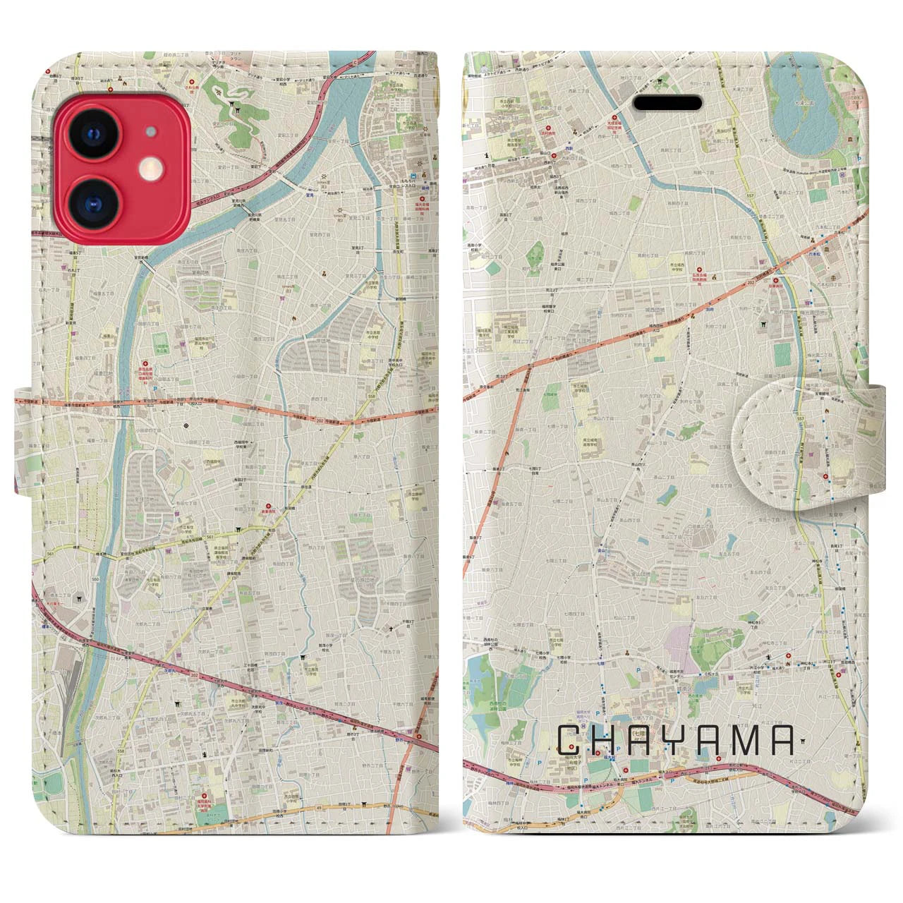【茶山(福岡県)】地図柄iPhoneケース(手帳タイプ)ナチュラル・iPhone 11 用