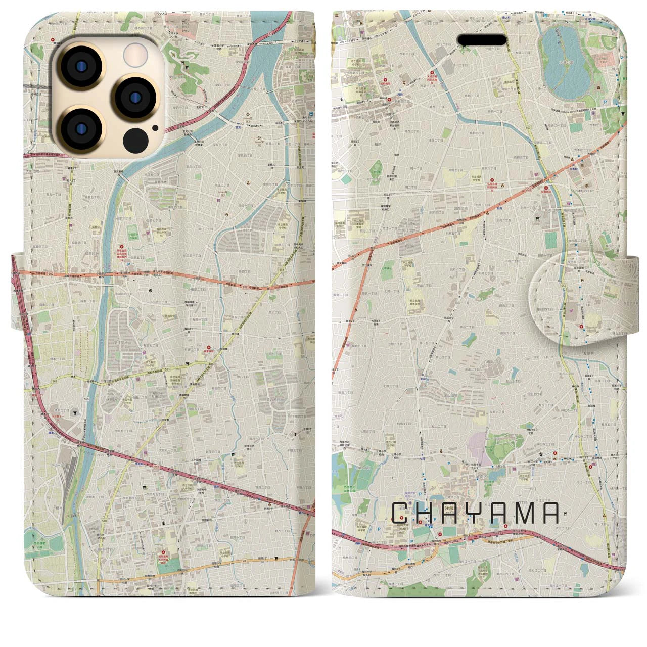 【茶山(福岡県)】地図柄iPhoneケース(手帳タイプ)ナチュラル・iPhone 12 Pro Max 用