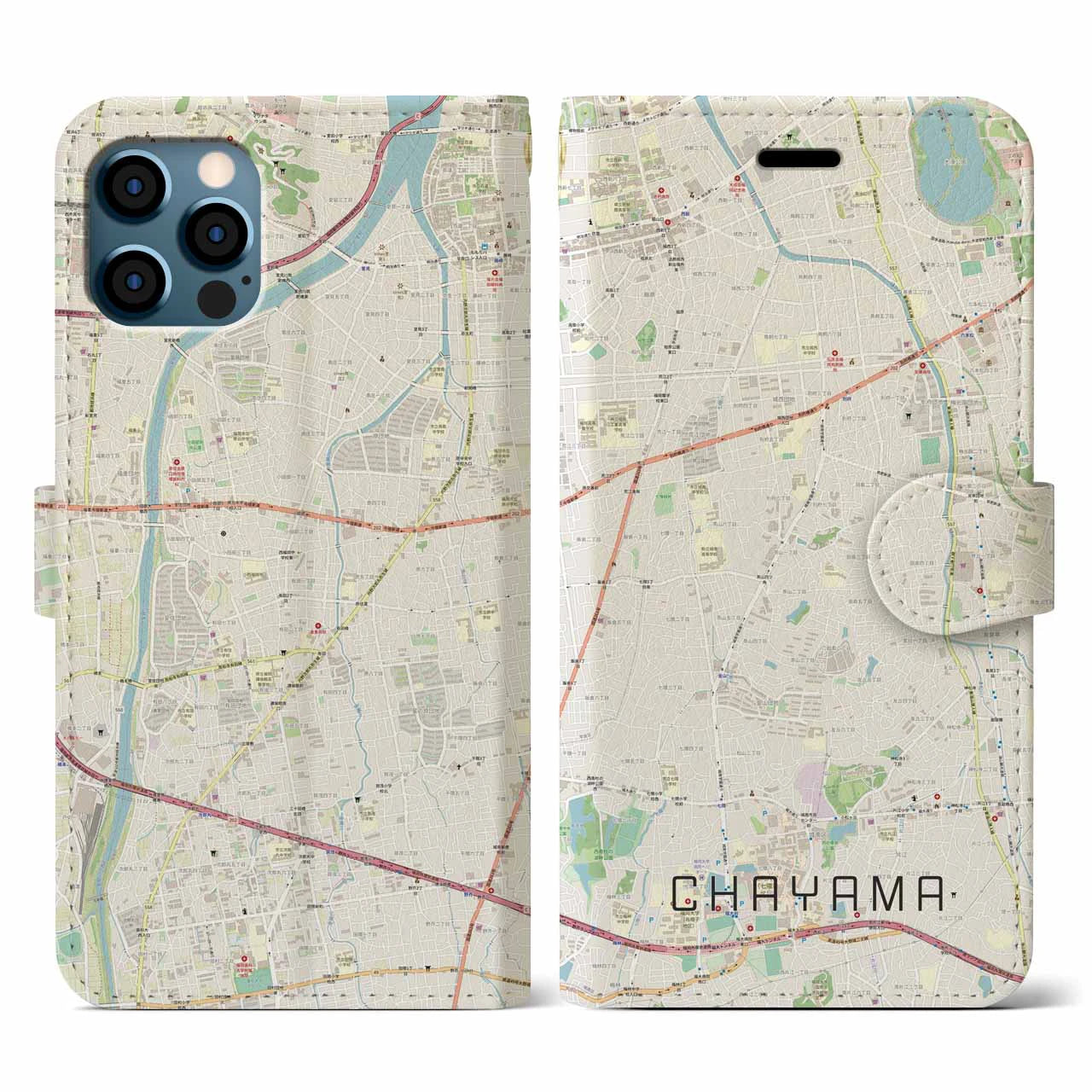 【茶山(福岡県)】地図柄iPhoneケース(手帳タイプ)ナチュラル・iPhone 12 / 12 Pro 用
