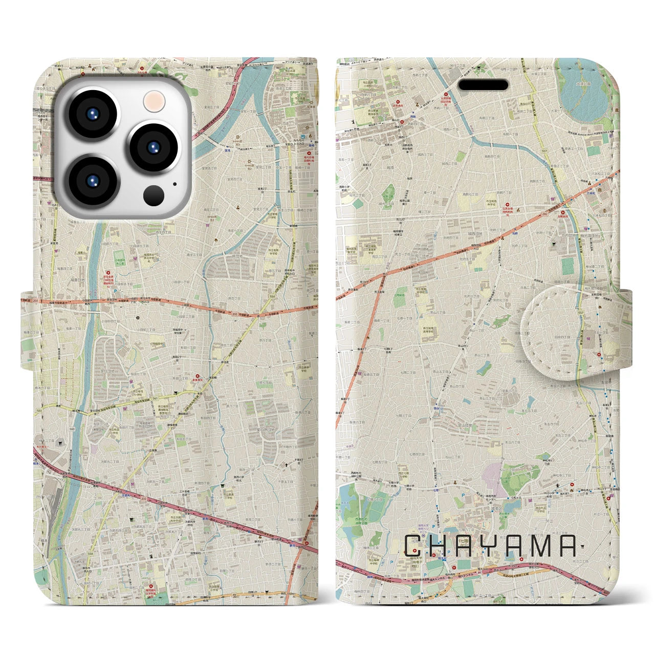【茶山(福岡県)】地図柄iPhoneケース(手帳タイプ)ナチュラル・iPhone 13 Pro 用