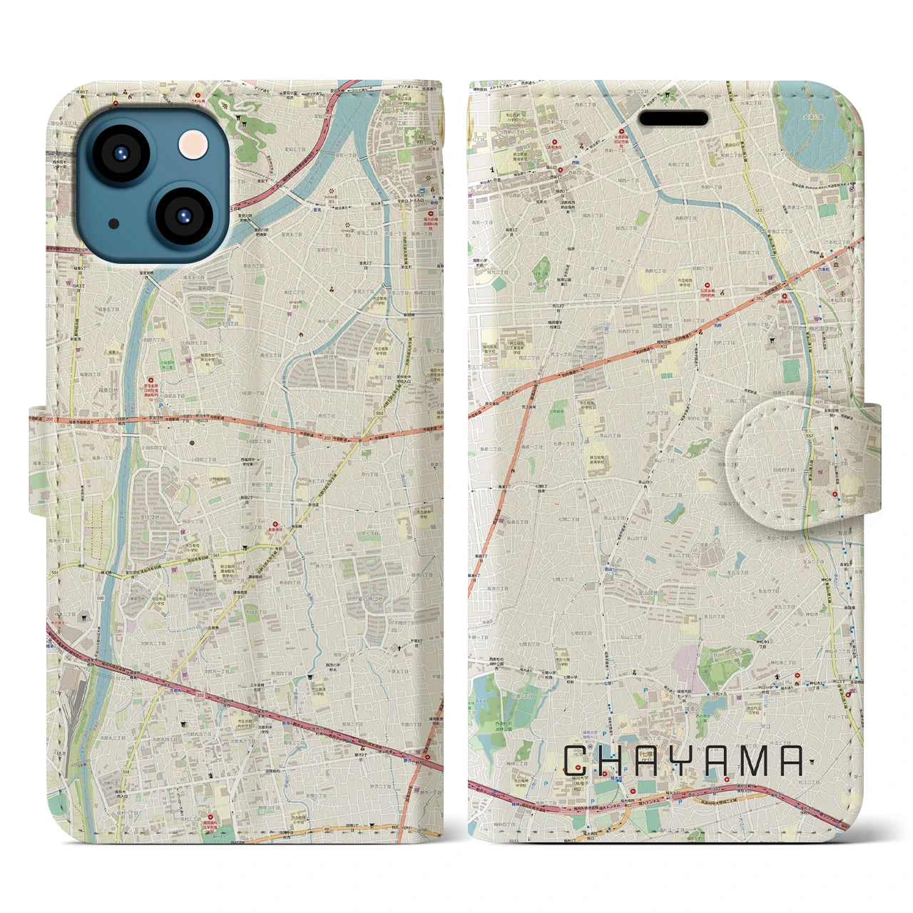【茶山(福岡県)】地図柄iPhoneケース(手帳タイプ)ナチュラル・iPhone 13 用