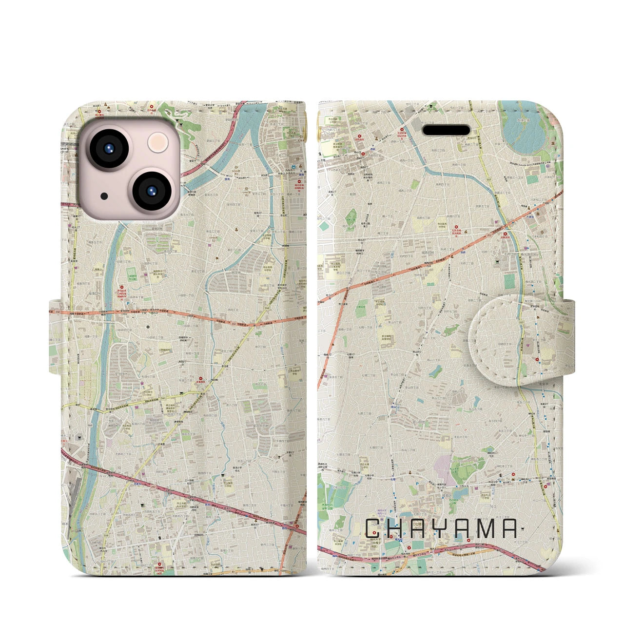 【茶山(福岡県)】地図柄iPhoneケース(手帳タイプ)ナチュラル・iPhone 13 mini 用