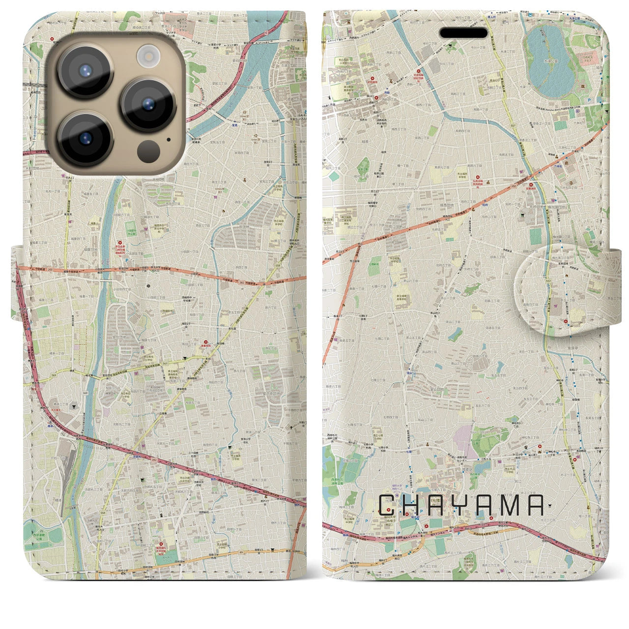 【茶山(福岡県)】地図柄iPhoneケース(手帳タイプ)ナチュラル・iPhone 14 Pro Max 用