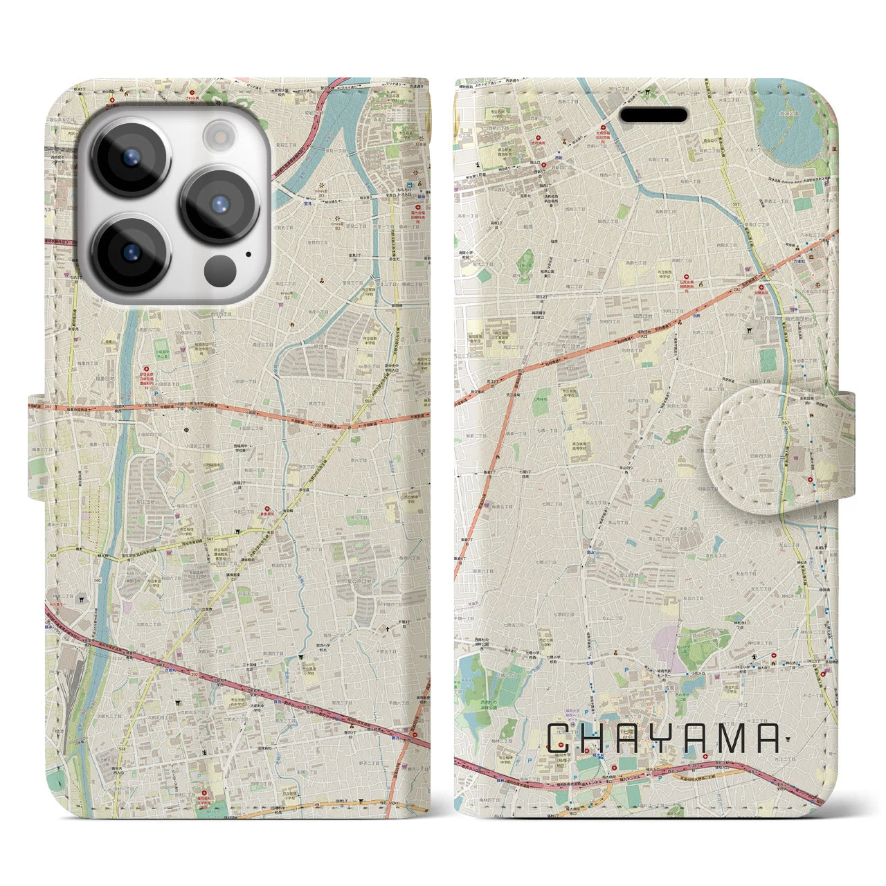 【茶山(福岡県)】地図柄iPhoneケース(手帳タイプ)ナチュラル・iPhone 14 Pro 用