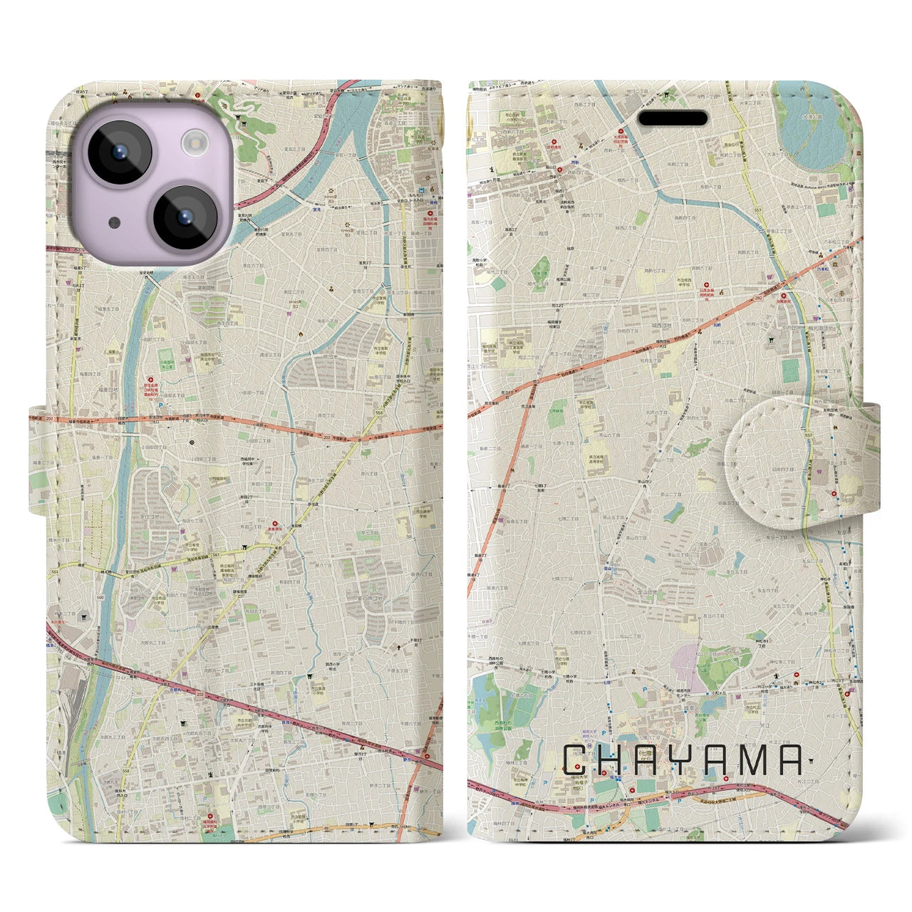 【茶山(福岡県)】地図柄iPhoneケース(手帳タイプ)ナチュラル・iPhone 14 用