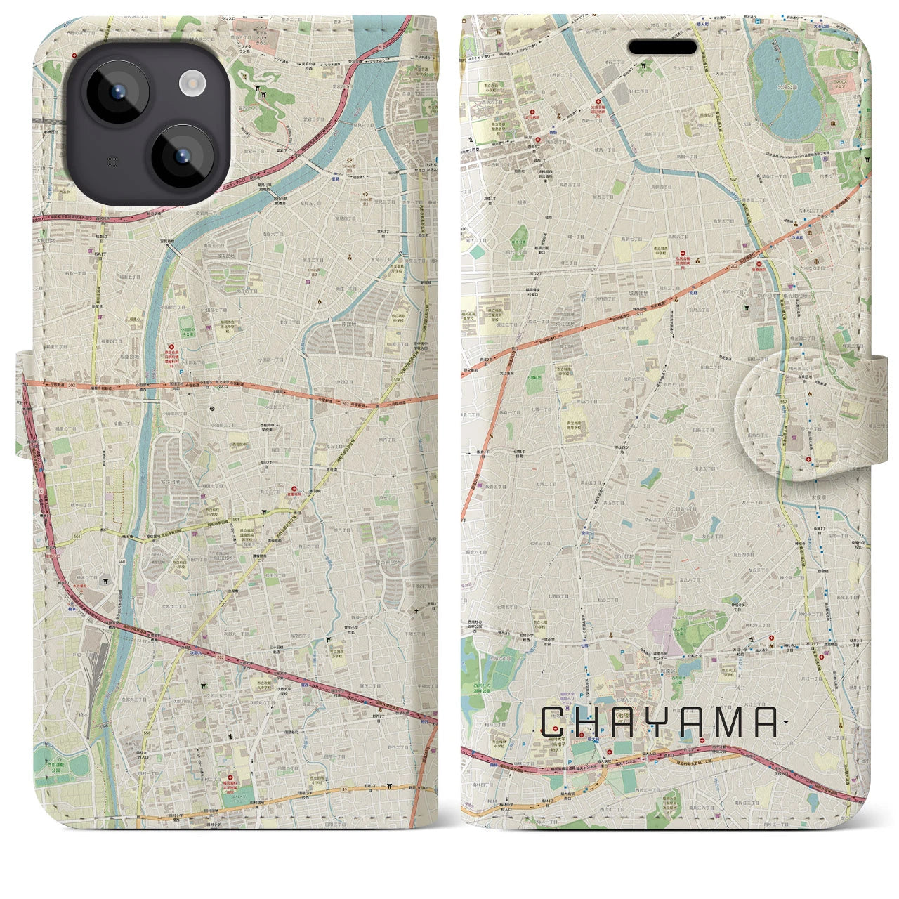 【茶山(福岡県)】地図柄iPhoneケース(手帳タイプ)ナチュラル・iPhone 14 Plus 用