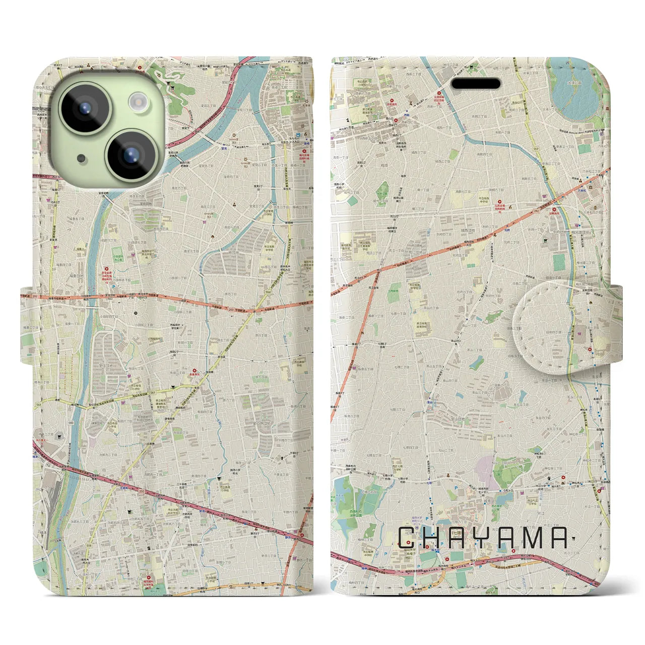 【茶山(福岡県)】地図柄iPhoneケース(手帳タイプ)ナチュラル・iPhone 15 用