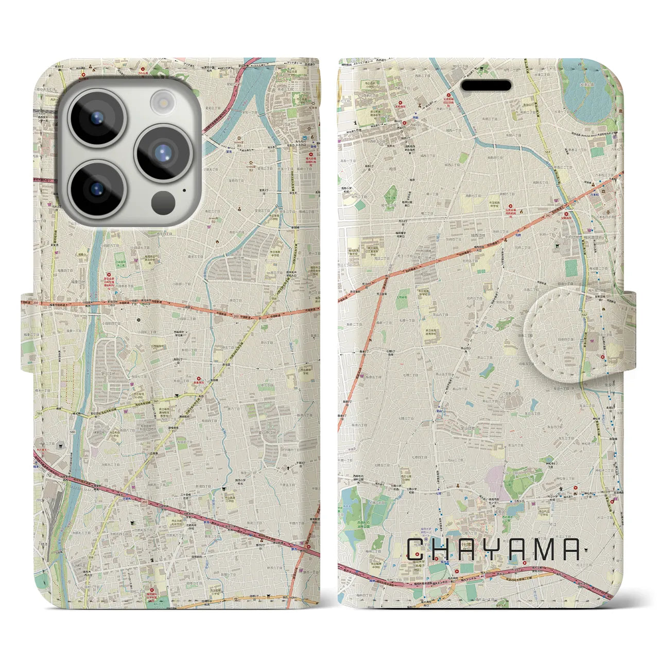 【茶山(福岡県)】地図柄iPhoneケース(手帳タイプ)ナチュラル・iPhone 15 Pro 用