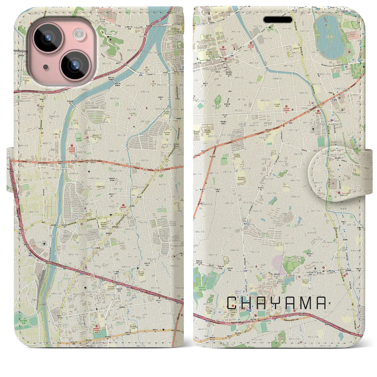 【茶山(福岡県)】地図柄iPhoneケース(手帳タイプ)ナチュラル・iPhone 15 Plus 用