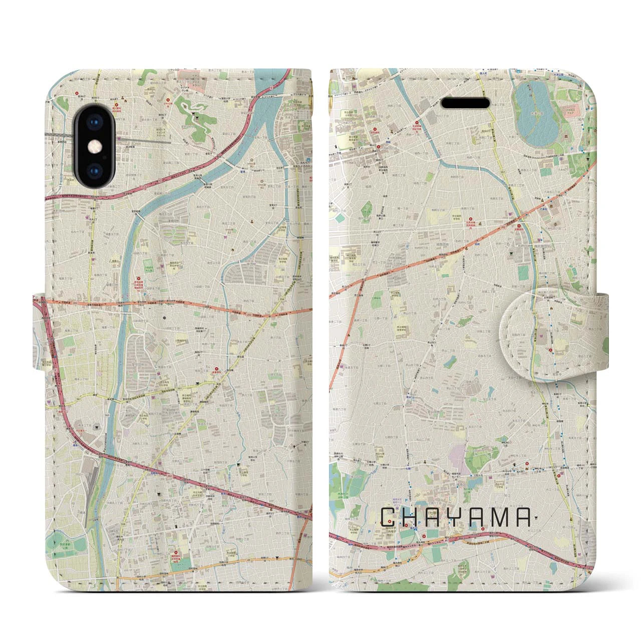 【茶山(福岡県)】地図柄iPhoneケース(手帳タイプ)ナチュラル・iPhone XS / X 用