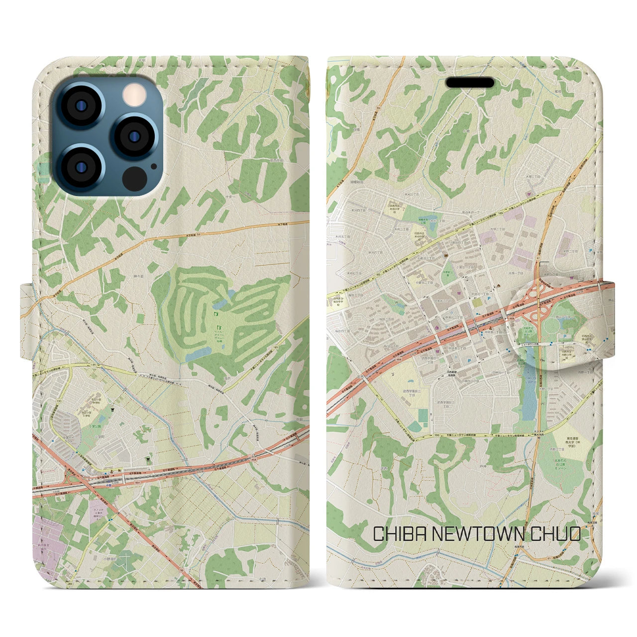 【千葉ニュータウン中央(千葉県)】地図柄iPhoneケース(手帳タイプ)ナチュラル・iPhone 12 / 12 Pro 用