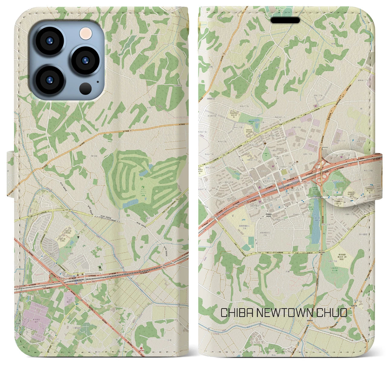 【千葉ニュータウン中央(千葉県)】地図柄iPhoneケース(手帳タイプ)ナチュラル・iPhone 13 Pro Max 用