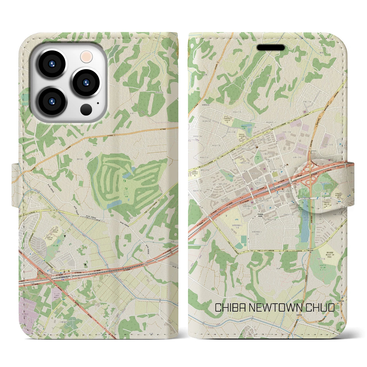 【千葉ニュータウン中央(千葉県)】地図柄iPhoneケース(手帳タイプ)ナチュラル・iPhone 13 Pro 用