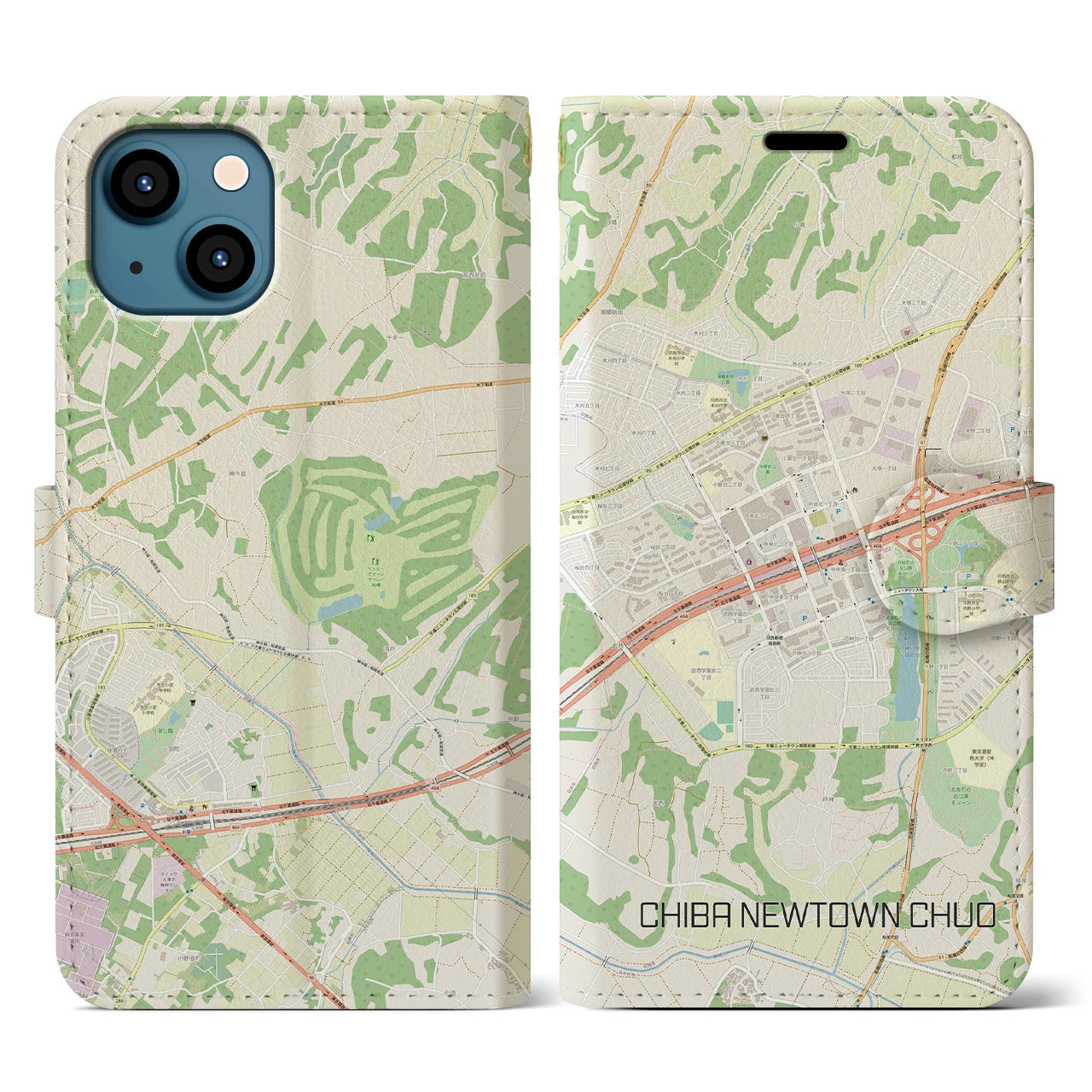 【千葉ニュータウン中央(千葉県)】地図柄iPhoneケース(手帳タイプ)ナチュラル・iPhone 13 用