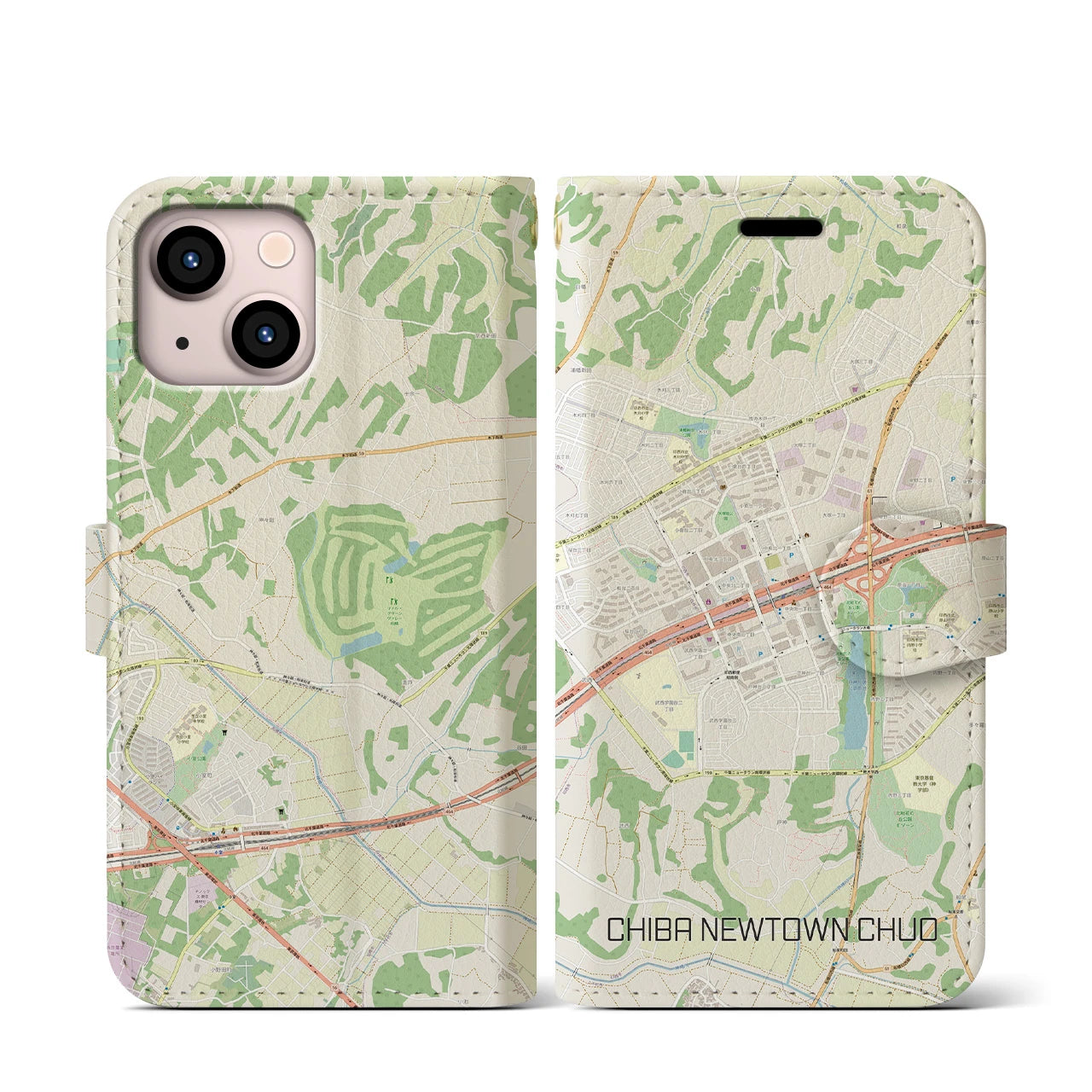 【千葉ニュータウン中央(千葉県)】地図柄iPhoneケース(手帳タイプ)ナチュラル・iPhone 13 mini 用