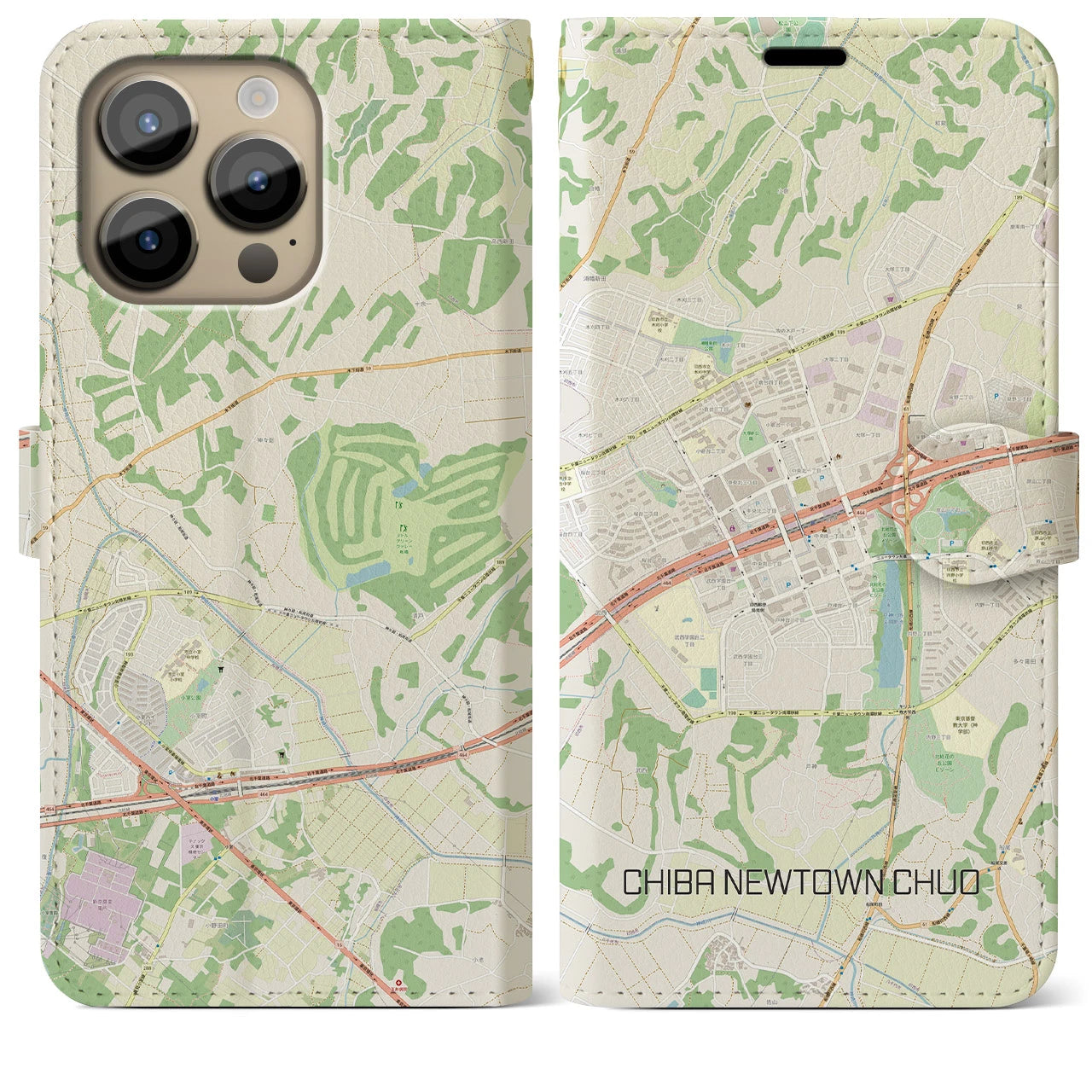 【千葉ニュータウン中央(千葉県)】地図柄iPhoneケース(手帳タイプ)ナチュラル・iPhone 14 Pro Max 用