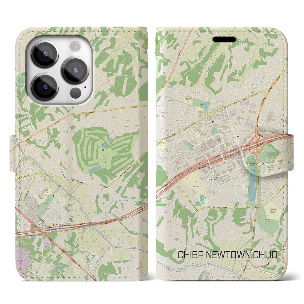 【千葉ニュータウン中央(千葉県)】地図柄iPhoneケース(手帳タイプ)ナチュラル・iPhone 14 Pro 用