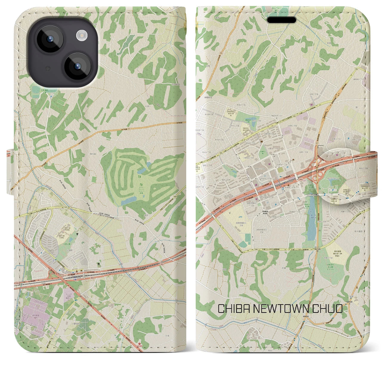 【千葉ニュータウン中央(千葉県)】地図柄iPhoneケース(手帳タイプ)ナチュラル・iPhone 14 Plus 用