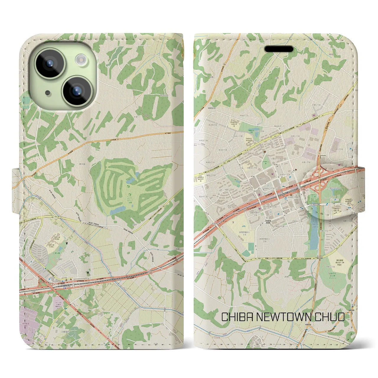 【千葉ニュータウン中央(千葉県)】地図柄iPhoneケース(手帳タイプ)ナチュラル・iPhone 15 用