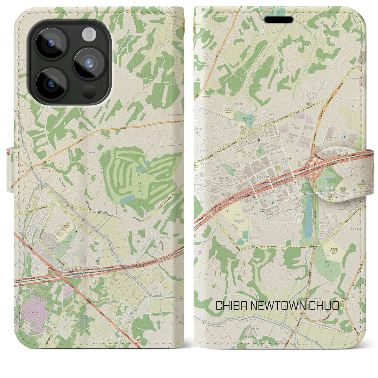 【千葉ニュータウン中央(千葉県)】地図柄iPhoneケース(手帳タイプ)ナチュラル・iPhone 15 Pro Max 用