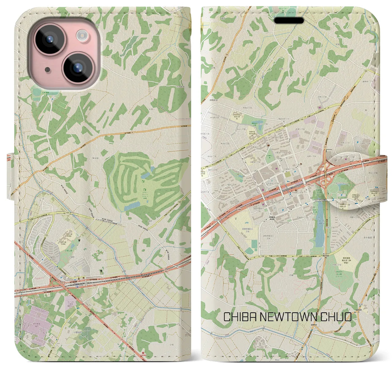 【千葉ニュータウン中央(千葉県)】地図柄iPhoneケース(手帳タイプ)ナチュラル・iPhone 15 Plus 用
