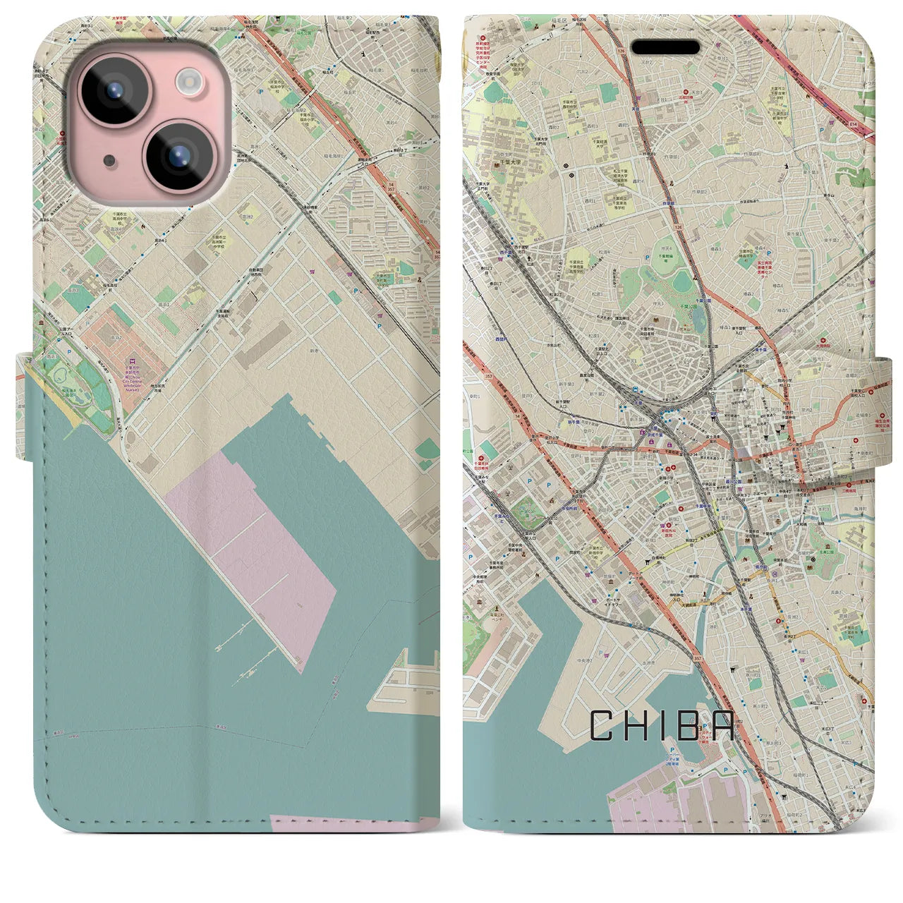 【千葉(千葉県)】地図柄iPhoneケース(手帳タイプ)ナチュラル・iPhone 15 Plus 用