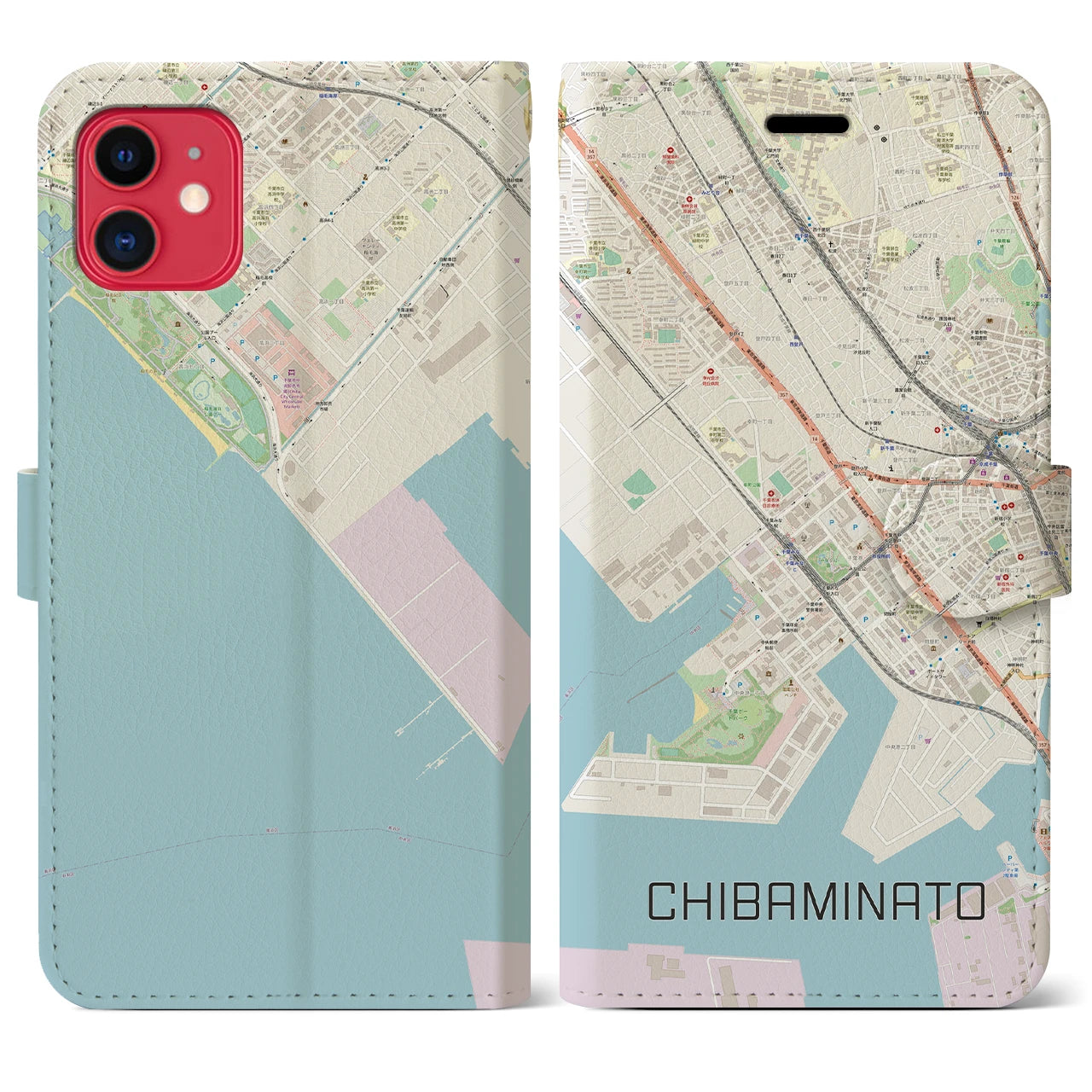 【千葉みなと(千葉県)】地図柄iPhoneケース(手帳タイプ)ナチュラル・iPhone 11 用