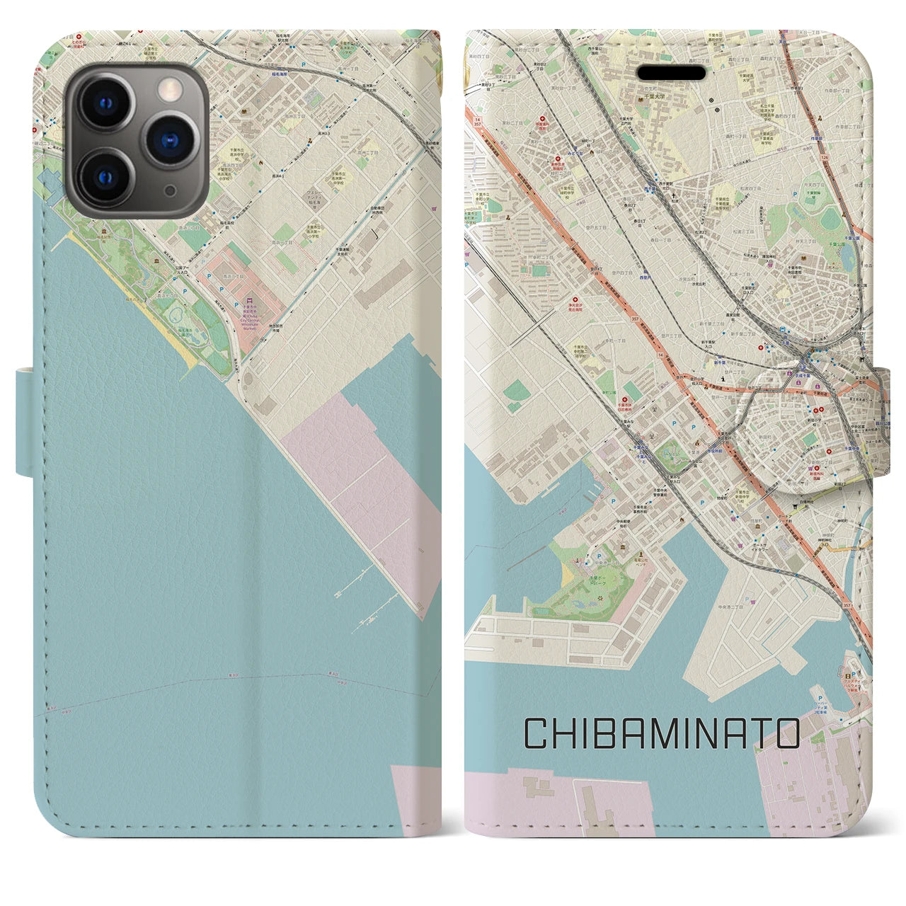 【千葉みなと(千葉県)】地図柄iPhoneケース(手帳タイプ)ナチュラル・iPhone 11 Pro Max 用
