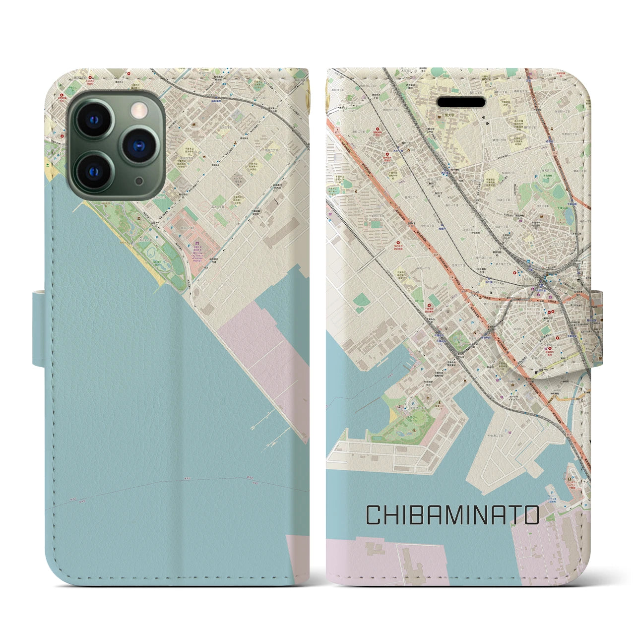 【千葉みなと(千葉県)】地図柄iPhoneケース(手帳タイプ)ナチュラル・iPhone 11 Pro 用