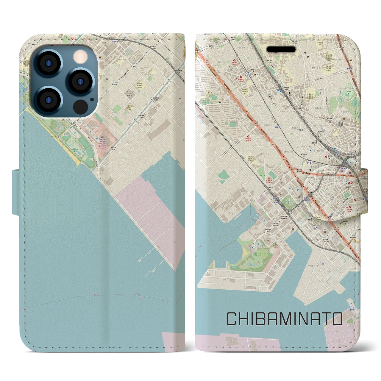 【千葉みなと(千葉県)】地図柄iPhoneケース(手帳タイプ)ナチュラル・iPhone 12 / 12 Pro 用