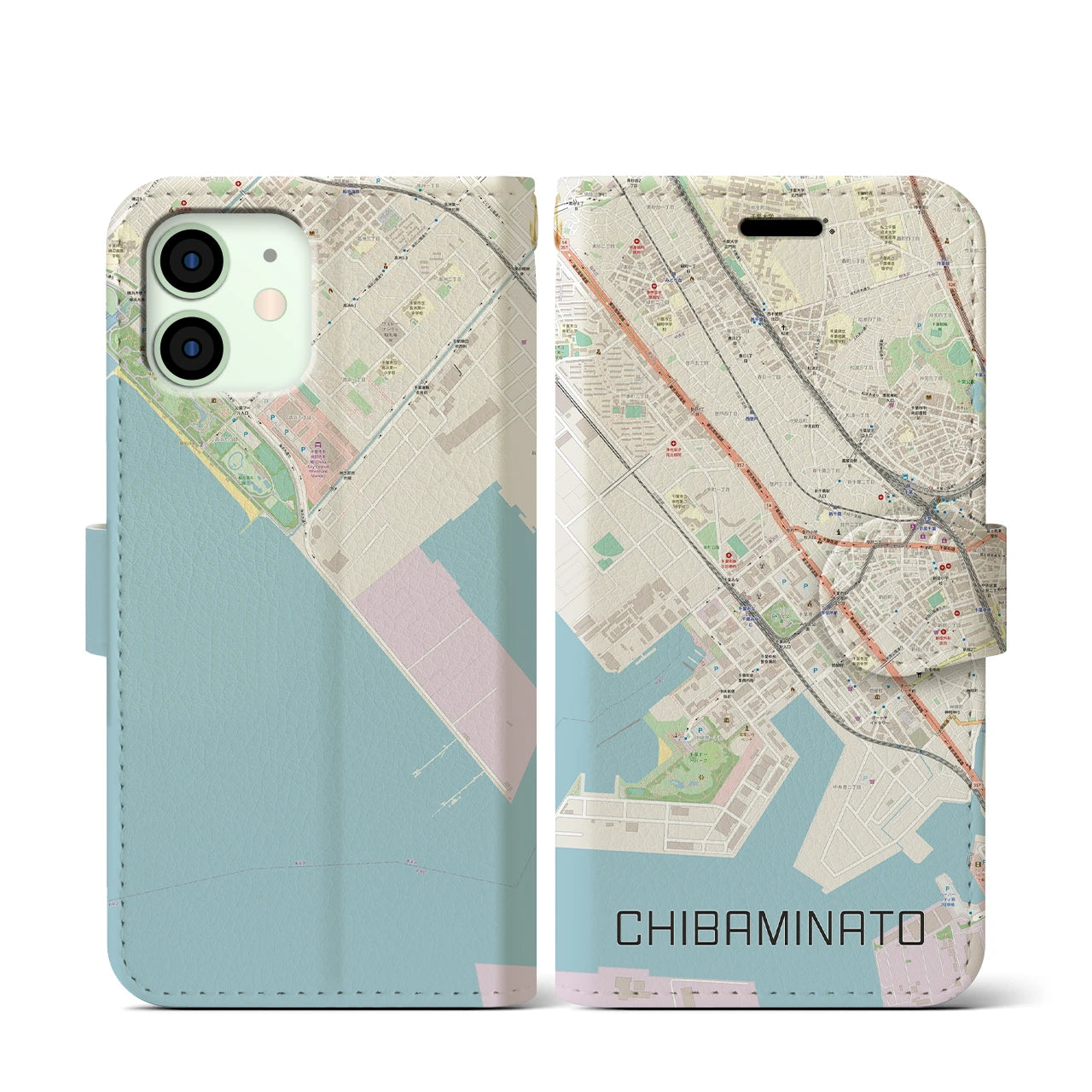【千葉みなと(千葉県)】地図柄iPhoneケース(手帳タイプ)ナチュラル・iPhone 12 mini 用